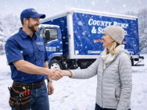 County Pump & Supply technician meeting with a homeowner during a winter well service visit