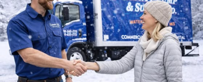 County Pump & Supply technician meeting with a homeowner during a winter well service visit