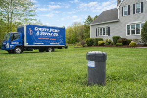County Pump & Supply truck near a residential well head in a Massachusetts yard during spring well system maintenance