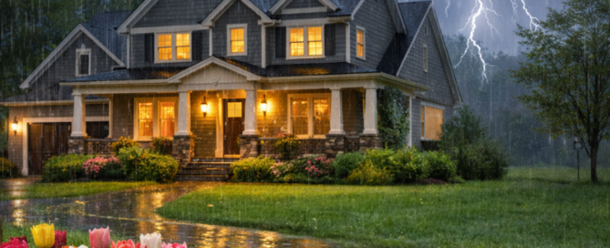 New England home during a spring thunderstorm with lightning, tulips in bloom, and a residential well cap visible in the lawn