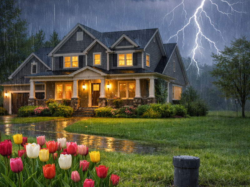 New England home during a spring thunderstorm with lightning, tulips in bloom, and a residential well cap visible in the lawn