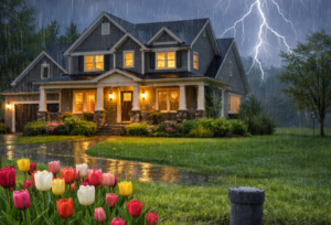 New England home during a spring thunderstorm with lightning, tulips in bloom, and a residential well cap visible in the lawn