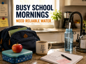 Back-to-school morning with backpack, lunchbox and water bottle being filled at the kitchen sink