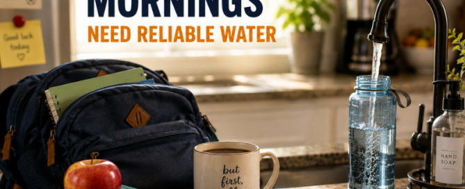 Back-to-school morning with backpack, lunchbox and water bottle being filled at the kitchen sink