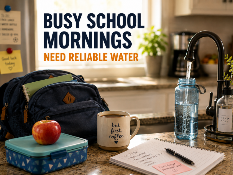 Back-to-school morning with backpack, lunchbox and water bottle being filled at the kitchen sink