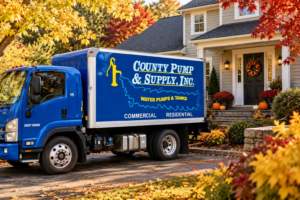 County Pump & Supply service truck at a home surrounded by fall foliage during fall well maintenance season