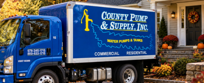 County Pump & Supply service truck at a home surrounded by fall foliage during fall well maintenance season
