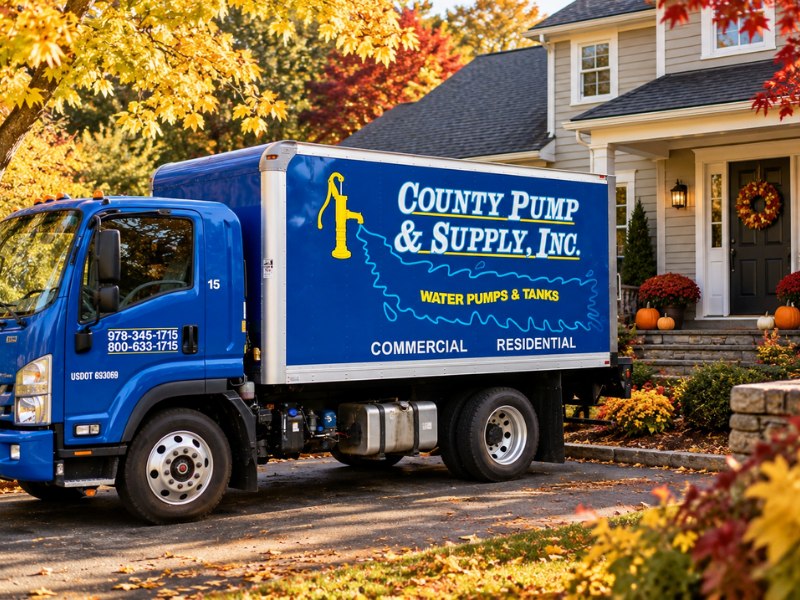County Pump & Supply service truck at a home surrounded by fall foliage during fall well maintenance season