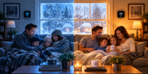 Split image of a family bundled up in a cold living room at 50°F beside a family relaxing in a warm living room at 70°F.