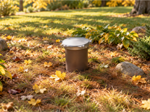 Fall Well Maintenance – Residential Well Cap Residential well cap surrounded by autumn leaves and landscaping, illustrating fall well maintenance.