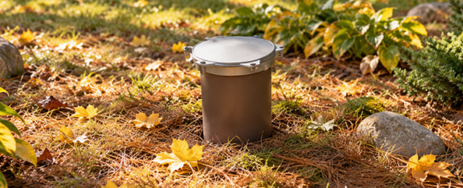 Residential well cap surrounded by autumn leaves and landscaping, illustrating fall well maintenance.