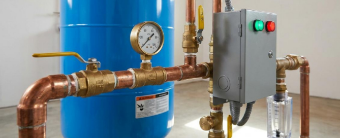 Residential well pressure tank and plumbing connections used to diagnose well pump and plumbing problems