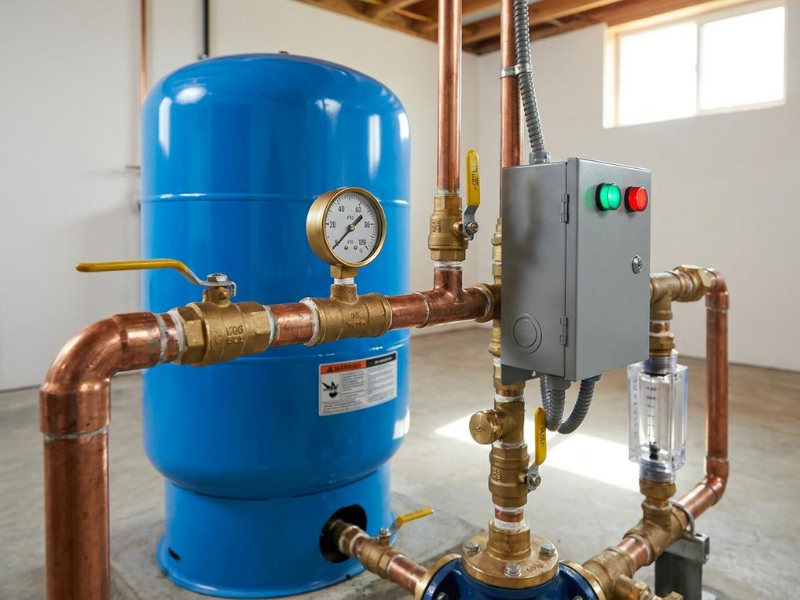Residential well pressure tank and plumbing connections used to diagnose well pump and plumbing problems